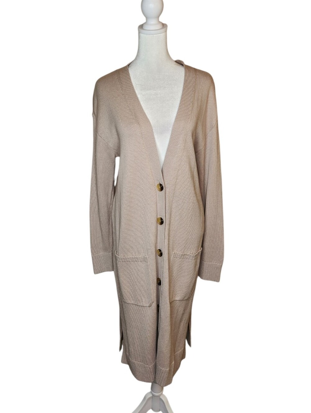 NEW Talbots Long Line V Neck Duster Cardigan Beige Size Small